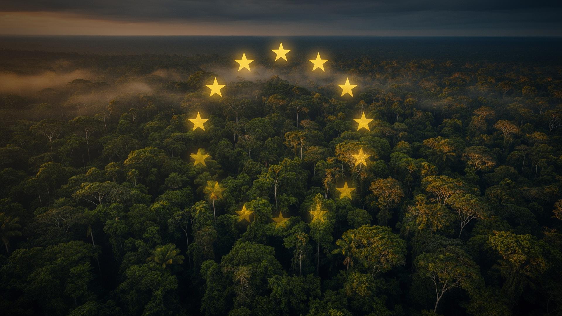 Aerial view of Amazon rainforest with circle of EU stars